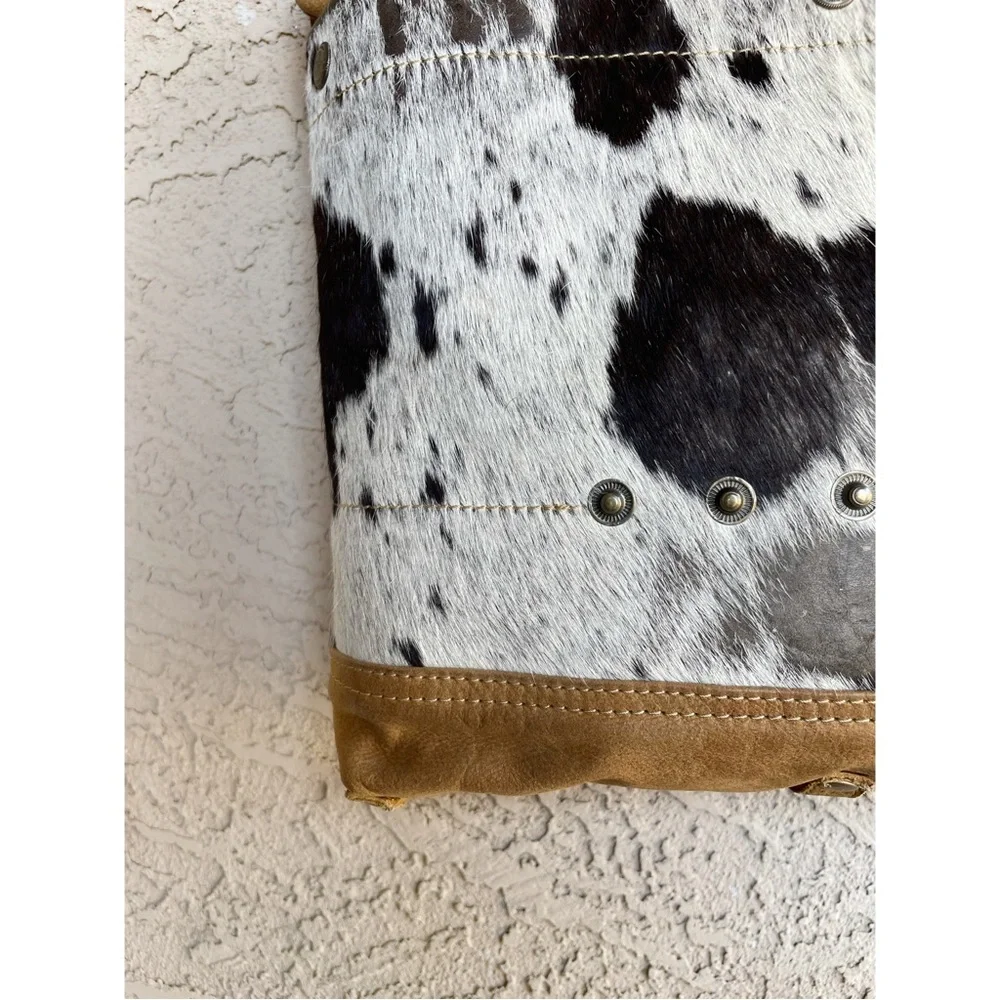 MYRA BAG Tan White Brown Cowhide Cow Print Calf Hair Genuine Leather Tote Bag